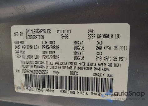 2006 Dodge Dakota St from USA, damaged, VIN 1D7HE28K16S692553